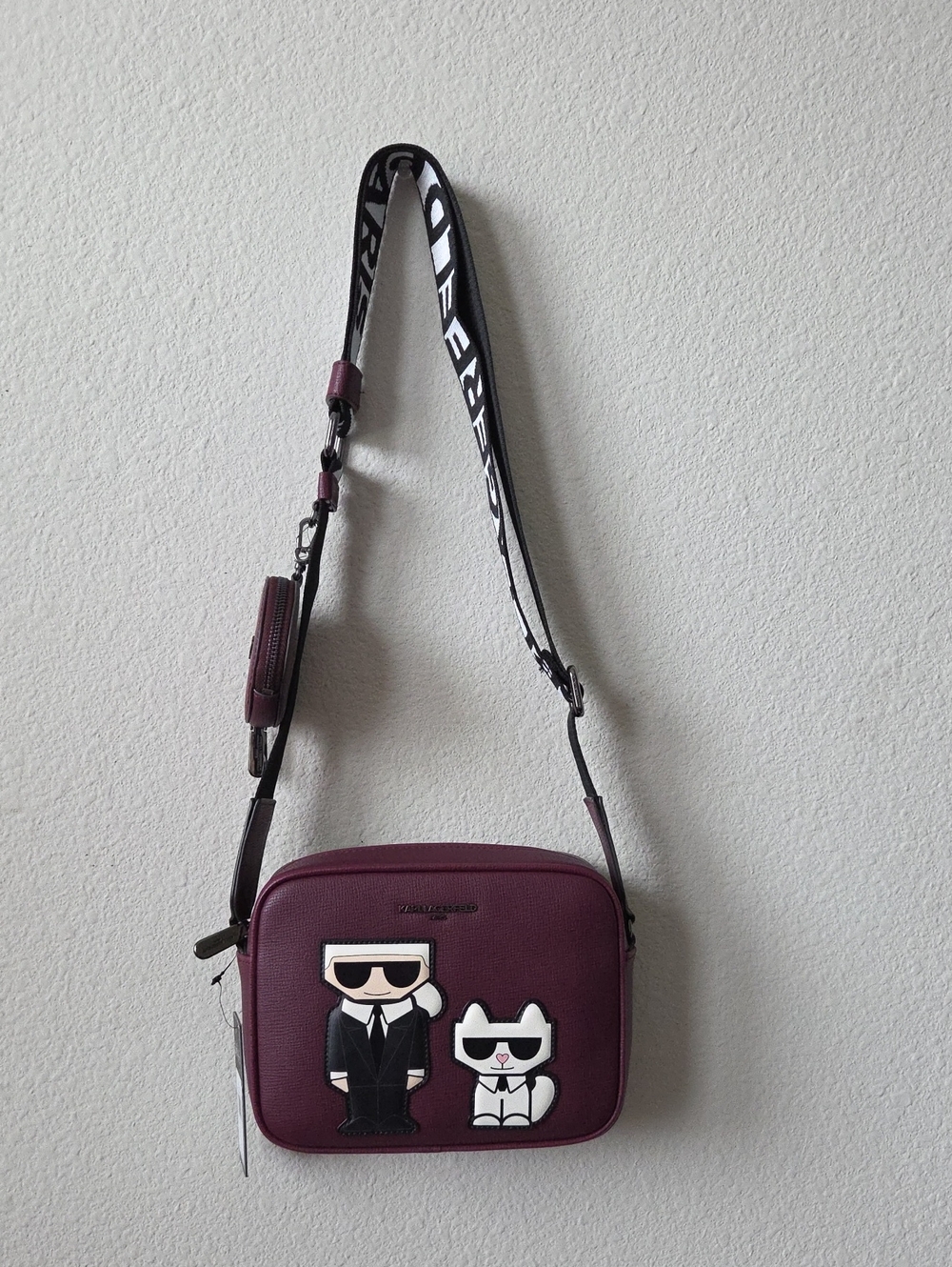 Karl Lagerfeld Barillo Wine Camera Bag with Graphic Patch NWT